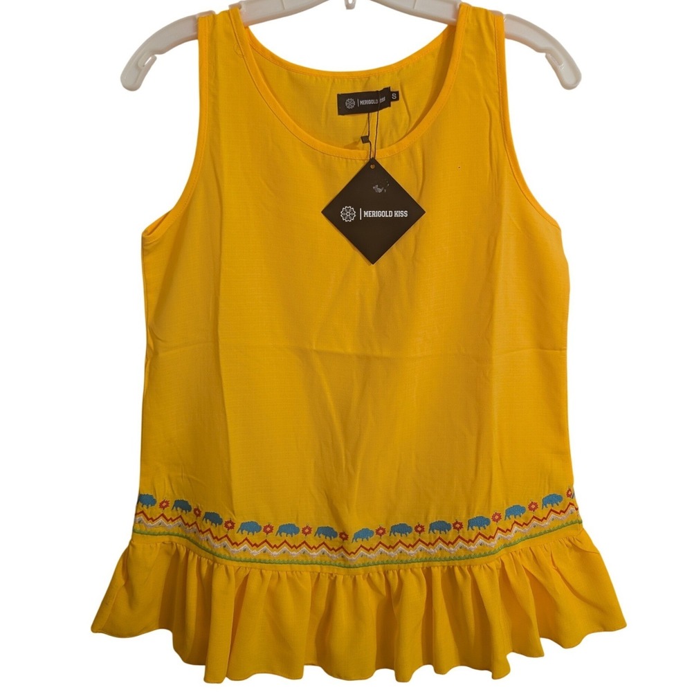 Merigold Kiss Tank Top Women S Golden Yellow New Embroidered Bison Peplum NTO93